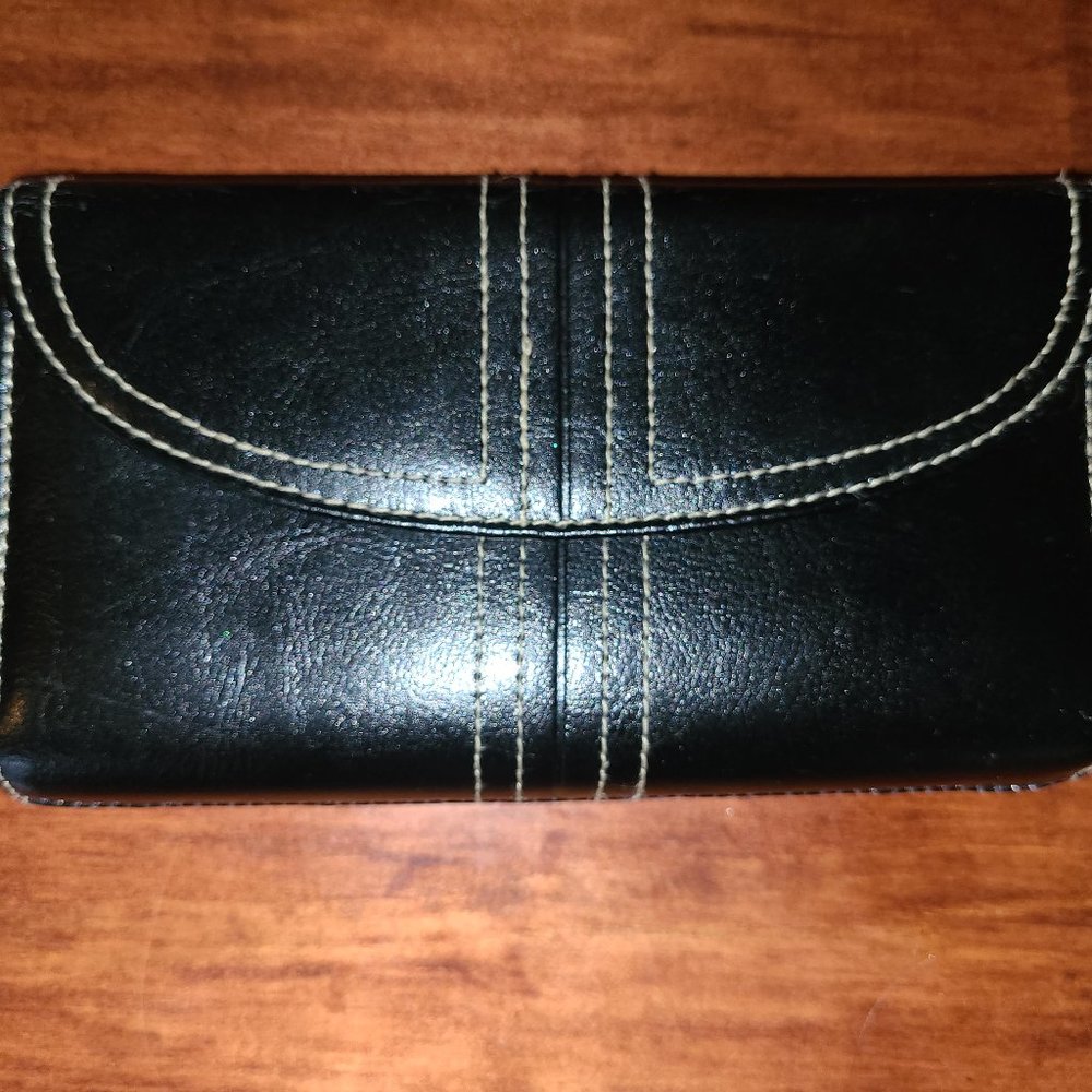 Burton Stitched Black Leather Tri Fold Wallet Nice Shape